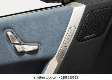 Riga, Latvia - August 11 2022: BMW IX Electric Vehicle Interior In Light Blue Colour