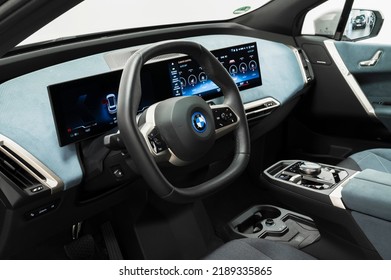 Riga, Latvia - August 11 2022: BMW IX Electric Vehicle Interior In Light Blue Colour