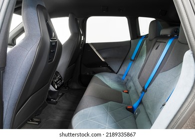 Riga, Latvia - August 11 2022: BMW IX Electric Vehicle Interior In Light Blue Colour