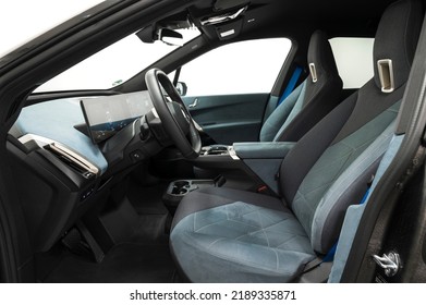 Riga, Latvia - August 11 2022: BMW IX Electric Vehicle Interior In Light Blue Colour