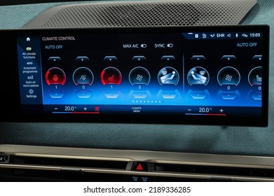 Riga, Latvia - August 11 2022: BMW IX Electric Vehicle Interior Screens In Close Up