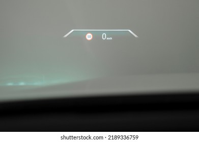 Riga, Latvia - August 11 2022: BMW IX Electric Vehicle Interior , Head Up Display