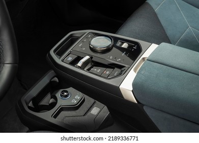 Riga, Latvia - August 11 2022: BMW IX Electric Vehicle Interior Buttons And Switches 