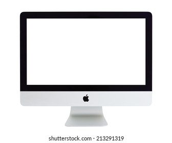 RIGA, LATVIA - AUGUST 4, 2014: Photo of the latest generation iMac with 21.5 in screen. The iMac is a range of all-in-one Macintosh desktop computers designed and built by Apple Inc. 