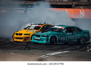 Riga, LATVIA, Bikernieki Raceway - JUN 12, 2021: FIA IDC Intercontinental drifting cup Nikolas Bertans Nik Nak at BMW HGK M3 E36 fight with Benediktas Cirba BMW M3 E92 HGK