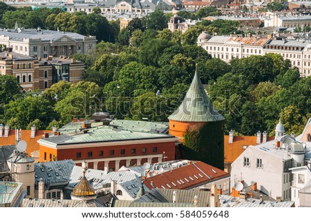 Riga, Latvia. Riga Cityscape In Sunny Summer Day. Famous Landmark - Powder Tower Now Part Of Latvian War Museum