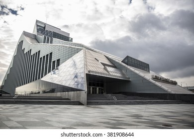 Riga, Latvia - February 15, 2016: New Building of National Library of Latvia, also  known as the Castle of Light.