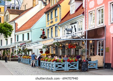 Riga, Latvia - July, 2017: Street Food Restaurants, Summer Terraces In Riga, Latvia