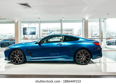 Riga , Latvia - July 24 2019: Brand New BMW 8 Series In Sonic Blue Colour In Car Saloon