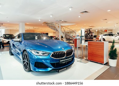 Riga , Latvia - July 24 2019: Brand New BMW 8 Series In Sonic Blue Colour In Car Saloon