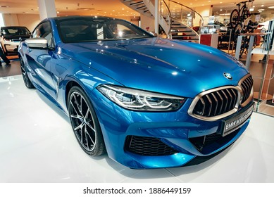 Riga , Latvia - July 24 2019: Brand New BMW 8 Series In Sonic Blue Colour In Car Saloon