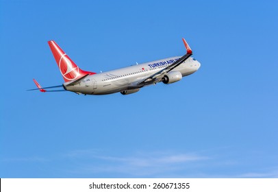 Riga, Latvia - March 15, 2015: Turkish Airlines Boeing 737-800 leaving Riga International Airport Latvia