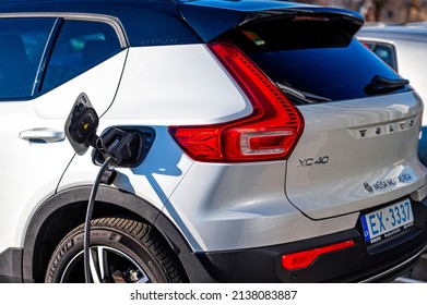 Riga, Latvia, March 18, 2022: Volvo XC40 Recharge At Charging Station, The Compact Sport Utility Vehicle (SUV) By Volvo Cars