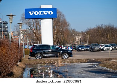 Riga, Latvia, March 18, 2022: A Line Of New Cars At The Official Volvo Car Dealer Showroom