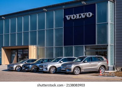 Riga, Latvia, March 18, 2022: A Line Of New Cars At The Official Volvo Car Dealer Showroom