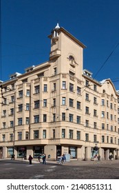 Riga. Latvia. March 28, 2022. City Architecture. The Building, With Its Tall, Efficient Corner Tower, Is A Prominent Corner Accent In The Urban Environment. 49. Krishjan Barona Street.
