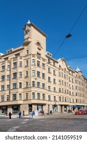 Riga. Latvia. March 28, 2022. City Architecture. The Building, With Its Tall, Efficient Corner Tower, Is A Prominent Corner Accent In The Urban Environment. 49. Krishjan Barona Street.
