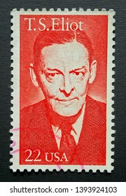 Riga, Latvia - May 10, 2019: T S Eliot Thomas Stearns American Poet Essayist USA United States Post Postage Stamp