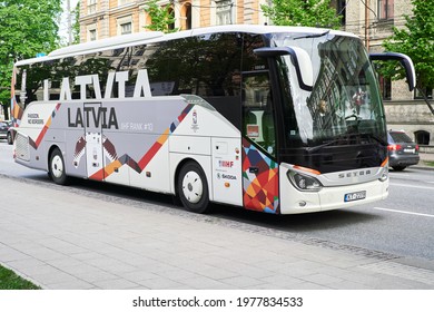 Riga, Latvia May 21, 2021 Latvian Team Bus Driving Down The Street 2021 IIHF Ice Hockey World Championship