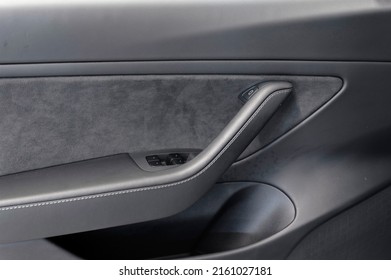 Riga, Latvia - May 26 2022 - Tesla Model 3 Electric Vehicle Interior Details