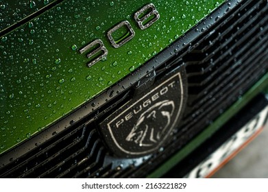 Riga, Latvia - May 31 2022: Brand New Peugeot 308 Hatchback Car Front Batch In Close Up