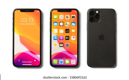 Riga, Latvia - November 28, 2019: Apple IPhone 11 Pro Showing Locked Screen, Home Screen And Back Side Of The Phone.