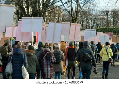 Riga, Latvia - November 30, 2019 : Back View Of People Crowd At Animal Advocacy Event Protest With Signs And Banners In Hands