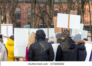 Riga, Latvia - November 30, 2019 : Back View Of People Crowd At Animal Advocacy Event Protest With Signs And Banners In Hands