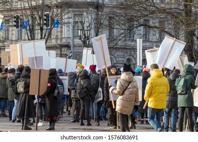 Riga, Latvia - November 30, 2019 : Back View Of Young People Crowd At Animal Advocacy Event Protest With Signs And Banners In Hands