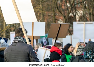 Riga, Latvia - November 30, 2019 : Back View Of People Crowd At Animal Advocacy Event Protest With Signs And Banners In Hands