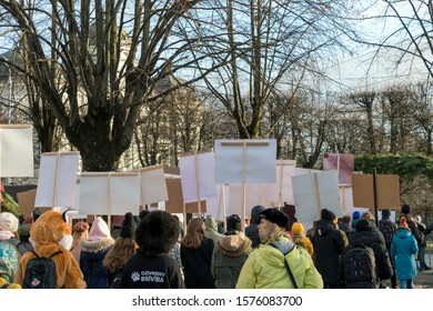 Riga, Latvia - November 30, 2019 : Back View Of People Crowd At Animal Advocacy Event Protest With Signs And Banners In Hands