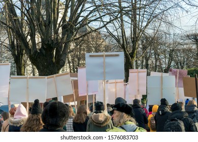 Riga, Latvia - November 30, 2019 : Back View Of People Crowd At Animal Advocacy Event Protest With Signs And Banners In Hands