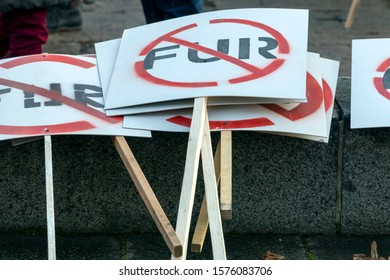 Riga, Latvia - November 30, 2019 : Anti Fur Placards And Posters At Animal Rights Protest. March For Animal Advocacy In Riga, Latvia, Europe