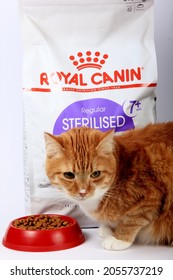 Riga, Latvia - October 10, 2021: Pack Of Royal Canin Sterilized Cat And Red Cat Food On A White Background