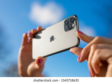 Riga, Latvia - October 28, 2019: The Latest Apple IPhone 11 Pro Mobile Phone With Triple-lens Camera.