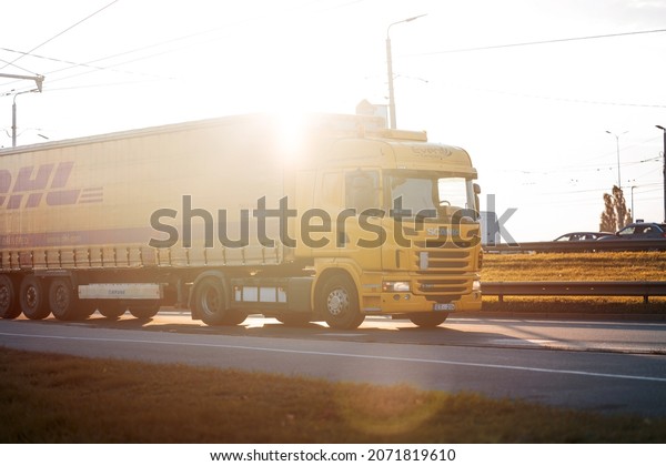 Riga, Latvia - October 6, 2021:\
Scania is a major Swedish manufacturer of commercial vehicles\
specifically heavy trucks and buses. Scania truck on a sunny\
morning.