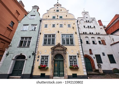 RIGA, LATVIA - SEP 10, 2019: The Exterior of Three Brothers, The Historical Landmark in Riga Old Town, Latvia