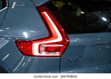 Riga, Latvia, Sep 24, 2021: Rear LED Lights Closeup Of Nev Grey Volvo XC40 SUV, Model 2021, Stylish Car Exterior Design