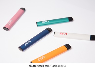 Riga, Latvia - September 2, 2021: Salt Switch Disposable Vape Pens On White Table