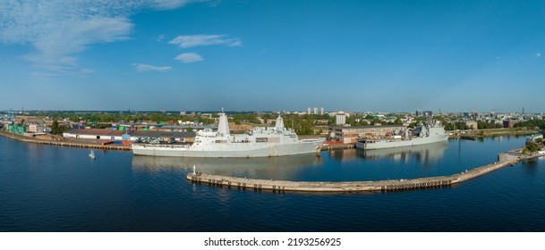 Riga, Latvia.August 23, 2022. Combat Ships Of NATO Countries In The Port Of Riga During The Exercises. Protecting Baltic States With NATO Ships.Aerial View.