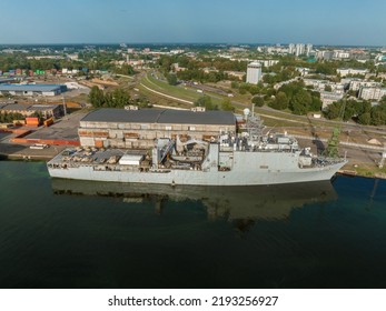 Riga, Latvia.August 23, 2022. Combat Ships Of NATO Countries In The Port Of Riga During The Exercises. Protecting Baltic States With NATO Ships.Aerial View.