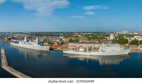 Riga, Latvia.August 23, 2022. Combat Ships Of NATO Countries In The Port Of Riga During The Exercises. Protecting Baltic States With NATO Ships.Aerial View.