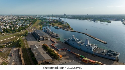 Riga, Latvia.August 23, 2022. Combat Ships Of NATO Countries In The Port Of Riga During The Exercises. Protecting Baltic States With NATO Ships.Aerial View.