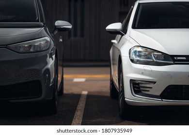 Riga, LV - AUG 13, 2020: New Volkswagen ID. 3 and Volkswagen Golf 7 electric car at the parking