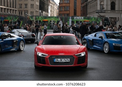 Riga, LV - AUG 15, 2016: Parade of Audi R8 supercars on Riga streets
