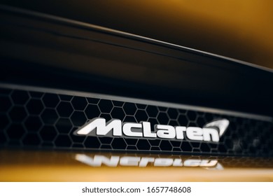 Riga, LV - FEB 23, 2020: McLaren logo at the engine bay