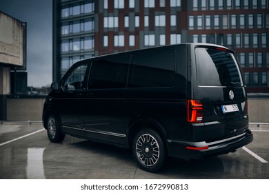 Riga, LV - FEB 6, 2020: New Volkswagen Multivan on parking of modern district 