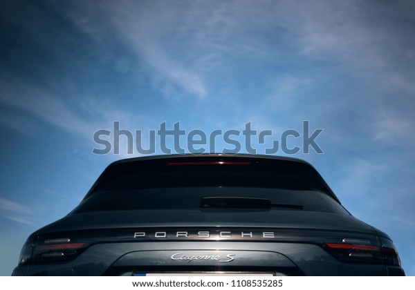 Riga, LV - JUN 8, 2018: New Porsche Cayenne\
Turbo S trunk with brand logotype\
