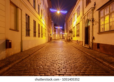 Riga. Old Street At Night.