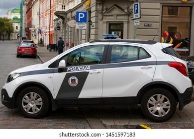 Riga/Latvia July 9. 2019
Latvian Police Car In The City Center.